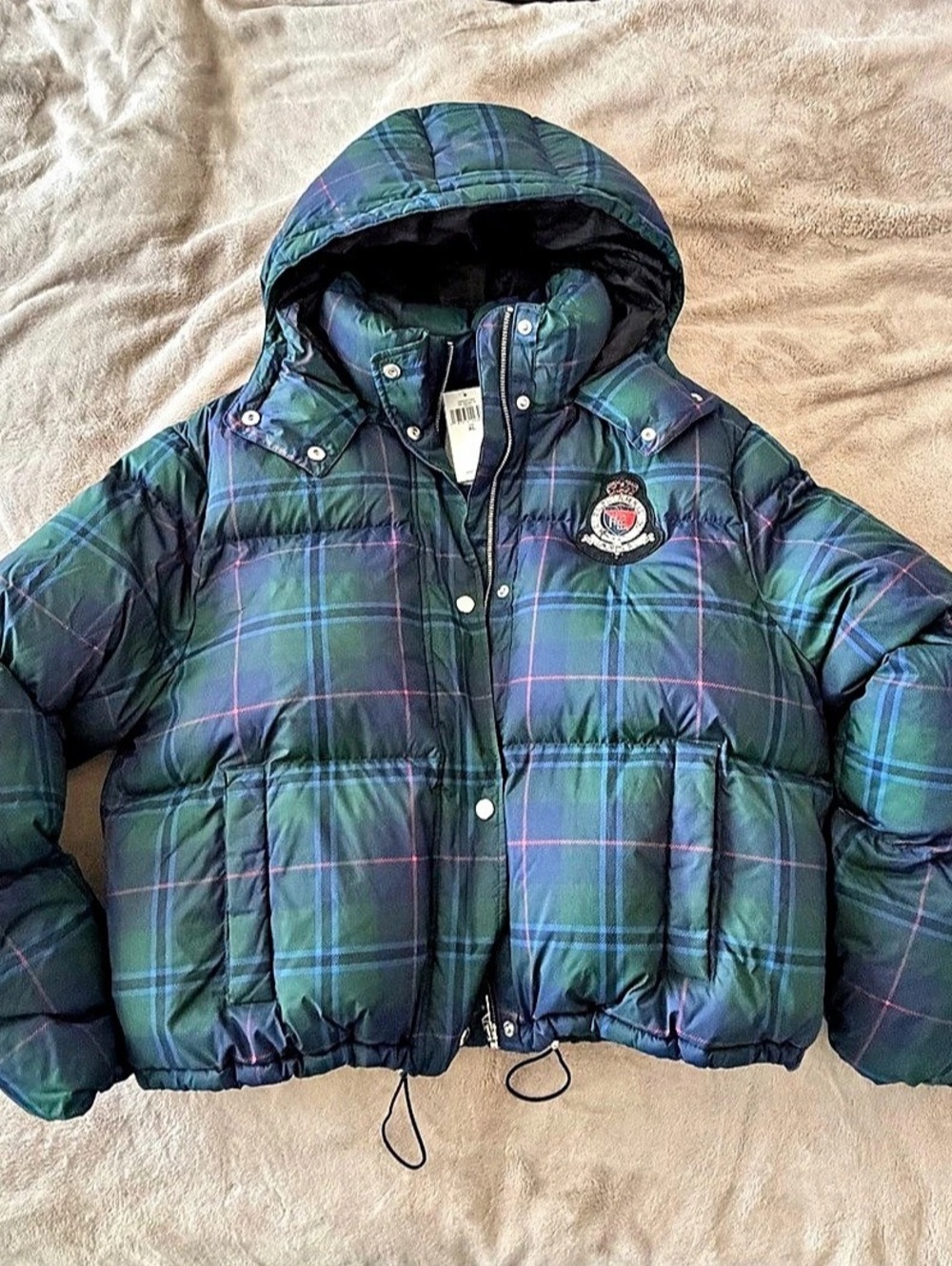 Lauren Ralph Lauren Plaid Hooded Puffer Jacket Green & Blue XL